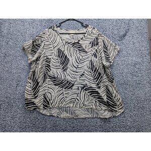 Cynthia Rowley 100% Linen Top Size 2X Lagenlook Botanical Floral Boho Plus Black